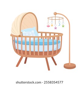 Baby bassinet with mobile vector. Baby bassinet with natural wooden frame, soft canopy, cozy bedding. Hanging mobile with colorful stars, moons, and clouds. Baby shower, baby element flat vector.