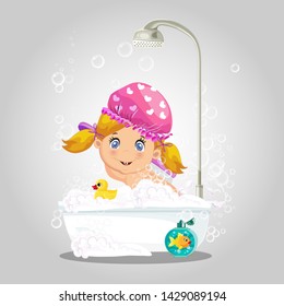 Baby in bath. Cute    girl character washing hat taking  bubble bath with foam, playing with rubber duck and goldfish toys in bathroom isolated on gray  background, cartoon vector illustration