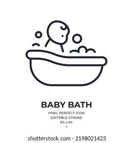 Babybadewanne, bearbeitbarer Strich-Umriss-Symbol einzeln auf weißem Hintergrund, flache Vektorgrafik. Pixel perfekt. 64 x 64.