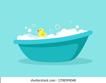 Baby bath with foam, soap bubbles and a yellow rubber duck on a blue background. The concept of swimming and cleanliness. Stock vector illustration in a flat style.