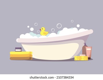 Baby bath with foam, soap bubbles and yellow rubber duck. Cozy bathroom with towels, shampoo, cream, washcloth and soap. The concept of bathing and cleanliness. Stock vector illustration in flat style