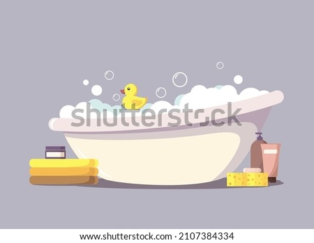 Baby bath with foam, soap bubbles and yellow rubber duck. Cozy bathroom with towels, shampoo, cream, washcloth and soap. The concept of bathing and cleanliness. Stock vector illustration in flat style