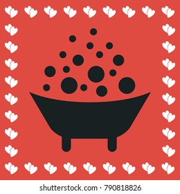 Baby bath icon flat. Simple black pictogram on red background with white hearts for valentines day. Vector illustration symbol