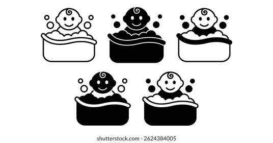 Baby Bath Icon Set Black and White Color Vector Design Illustrations