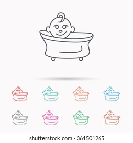 Baby in bath icon. Toddler bathing sign. Newborn washing symbol. Linear icons on white background.