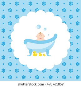 Baby in the bath with a rubber ducks on floral pattern. Vector illustration. Can be used as a postcard or banner. Alll the elements can be used independently as icons for mobile applications or logos.