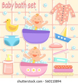 Baby bath stickers set. Flat design.