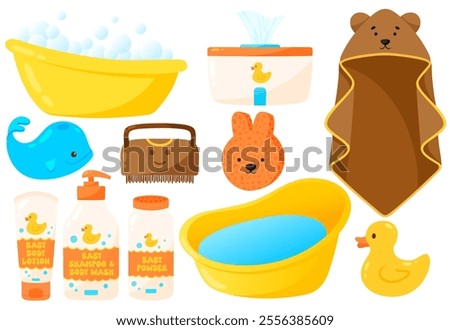 Baby bath time essentials. Infant bath care, toddler bath kit for babies, bathtub, baby shampoo