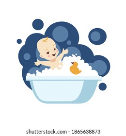 Bebé en el baño. Ilustración plana del vector