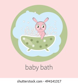 Baby bath. Vector little Bunny sitting in  bathtub with soap bubbles isolated. Bathing  kid. Logo for children's washing and hygienic means.