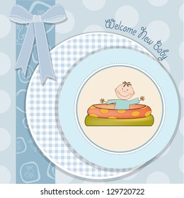 baby bathe in a small pool . shower announcement card