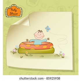 baby bathe in a small pool . shower announcement card