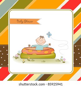 baby bathe in a small pool . shower announcement card