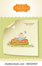 baby bathe in a small pool . shower announcement card