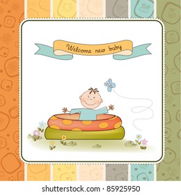 baby bathe in a small pool . shower announcement card