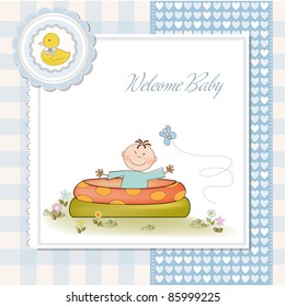 baby bathe in a small pool . shower announcement card