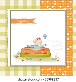 baby bathe in a small pool . shower announcement card