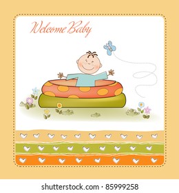 baby bathe in a small pool . shower announcement card