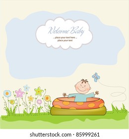 baby bathe in a small pool . shower announcement card