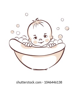 Baby bathe in the tub / Vector illustration, little child is sitting in a bath with foam