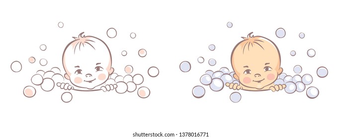 Baby bathe in the tub / Vector illustration, little child is sitting in a bath with foam