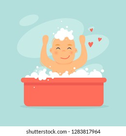 Baby is bathing in the bath. Flat design vector illustration