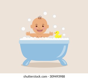 Baby bathing in the bath with foam.