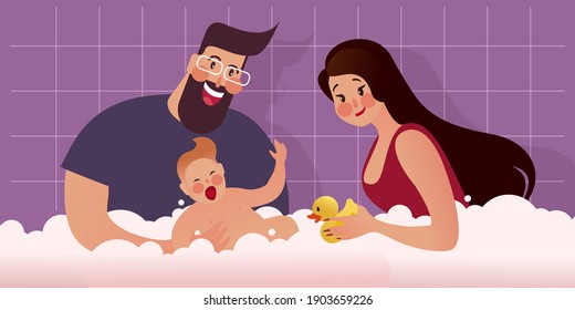 Baby bathing with bathroom duck. Flat graphic vector illustration of Happy parents. An scene from family life.