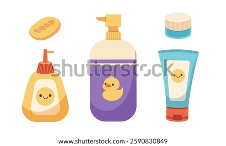 Baby bathing bottle set. Soap, shampoo, cream, shower gel. Flat vector elements isolated