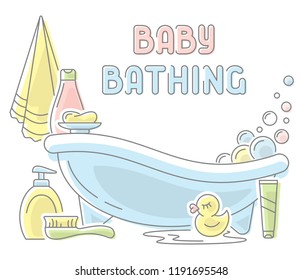 Baby bathing card. Linear style vector illustration