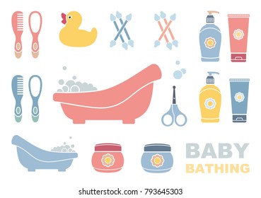 Baby bathing and care. Set of flat icons