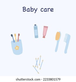 Baby bathing care set hand drawn flat style