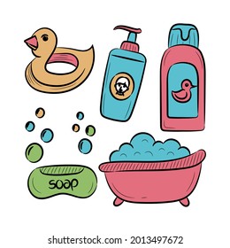 Equipo de baño para bebés, ilustración de vector con dibujos a mano de color