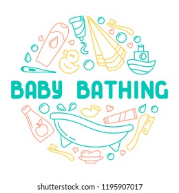 Baby bathing icons collection. Linear style vector illustration. Baby care accessories. Suitable for advertising
