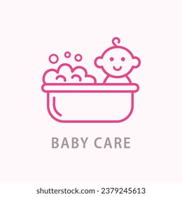Baby Bathing Shop Line Art Logo Template. Newborn Kids Care Emblem design. Brand Identity Logotype. Flat Style Linear Shape. Vector illustration. Hygiene Concept