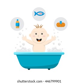 Baby bathing in a small bath, with bath foam and soap bubbles. A joyful baby takes a bath, body hygiene of the infant. Game baby in the bath water.