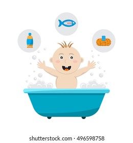 Baby bathing in a small bath, with bath foam and soap bubbles. A joyful baby takes a bath, body hygiene of the infant. Game baby in the bath water.