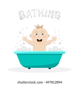 Baby bathing in a small bath, with bath foam and soap bubbles. A joyful baby takes a bath, body hygiene of the infant. Game baby in the bath water.