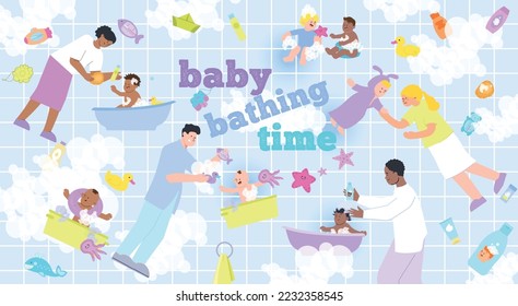 Baby bathing time flat background with composition of flat icons abstract elements with text and people vector illustration