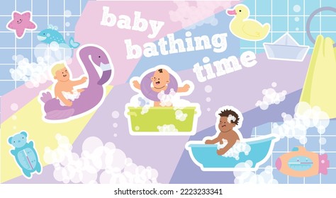 Baby bathing time flat collage with composition of editable text baby characters soap foam and thermometer vector illustration
