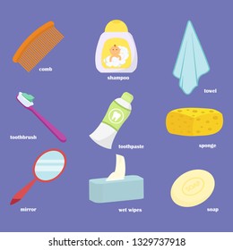 Baby bathroom accessories icons set. Mirror, towel, sponge, toothbrush, wet wipes, soap, toothpaste, shampoo, comb vector