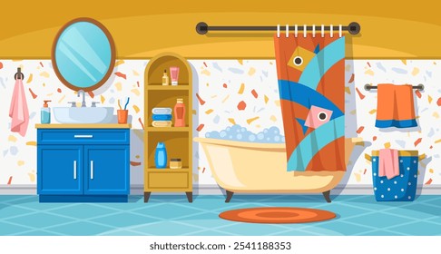 Baby bathroom Interior. Colorful banner with bath furniture, bathtub, washbasin and hygiene products. Washing and cleansing body. Interior design. Cartoon flat vector illustration