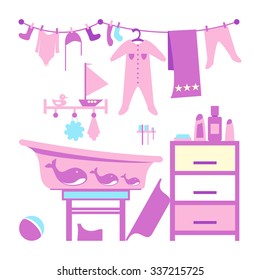 Baby bathroom interior. Toddler bathing cleaning items. Accessoires. Bath time for a kid. Shampoos and soap. Infant clothing. Baby shower greeting card design.  Editable vector design illustration