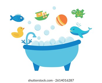 Baby bathtub and bath toys. Simple cute blue baby bathtub with foam bubbles, yellow rubber duck for baby, kids toy boat. Flat vector illustration cartoon style
