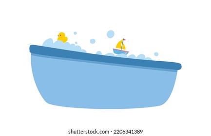 Baby bathtub clipart. Simple cute blue baby bathtub with foam bubbles and yellow rubber duck, toy boat flat vector illustration. Plastic bathtub cartoon style. Bathtub for baby, little kids, children