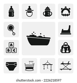 Baby Bathtub With Foam Bubbles Flat Web Icon, Silhouette Solid Black Icon Vector. Baby Icon Set