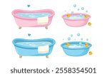 Baby bathtub with foam, soap bubbles and a yellow rubber duck. Bathtub cartoon clipart in flat style isolated on white background. Baby shower, baby element set.