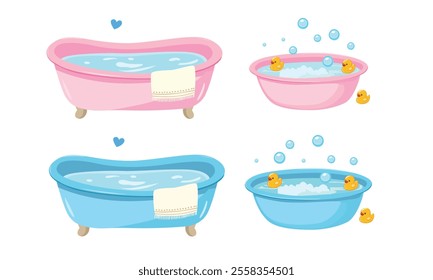 Baby bathtub with foam, soap bubbles and a yellow rubber duck. Bathtub cartoon clipart in flat style isolated on white background. Baby shower, baby element set.