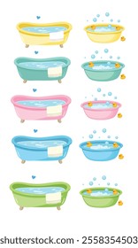 Baby bathtub with foam, soap bubbles and a yellow rubber duck. Bathtub cartoon clipart in flat style isolated on white background. Baby shower, baby element set.