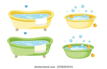 Baby bathtub with foam, soap bubbles and a yellow rubber duck. Bathtub cartoon clipart in flat style isolated on white background. Baby shower, baby element set.